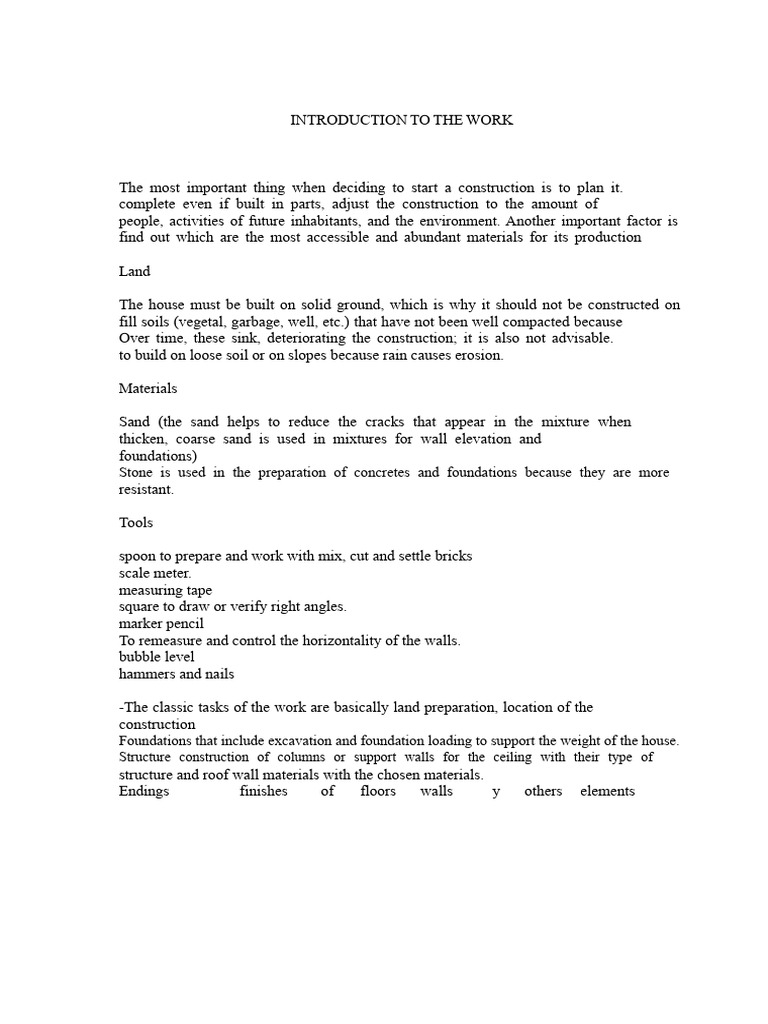 Introduction To The Work Construction | PDF | Wall | Foundation ...