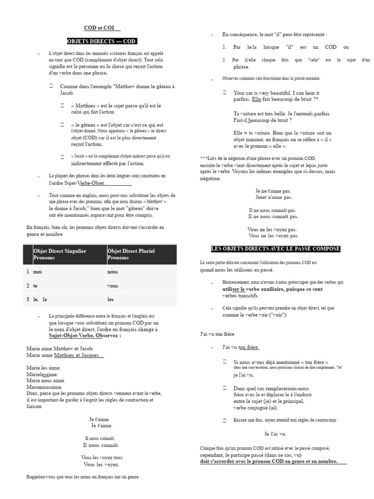 Comprendre COD et COI en français | PDF | Complément d'objet | Nombre ...
