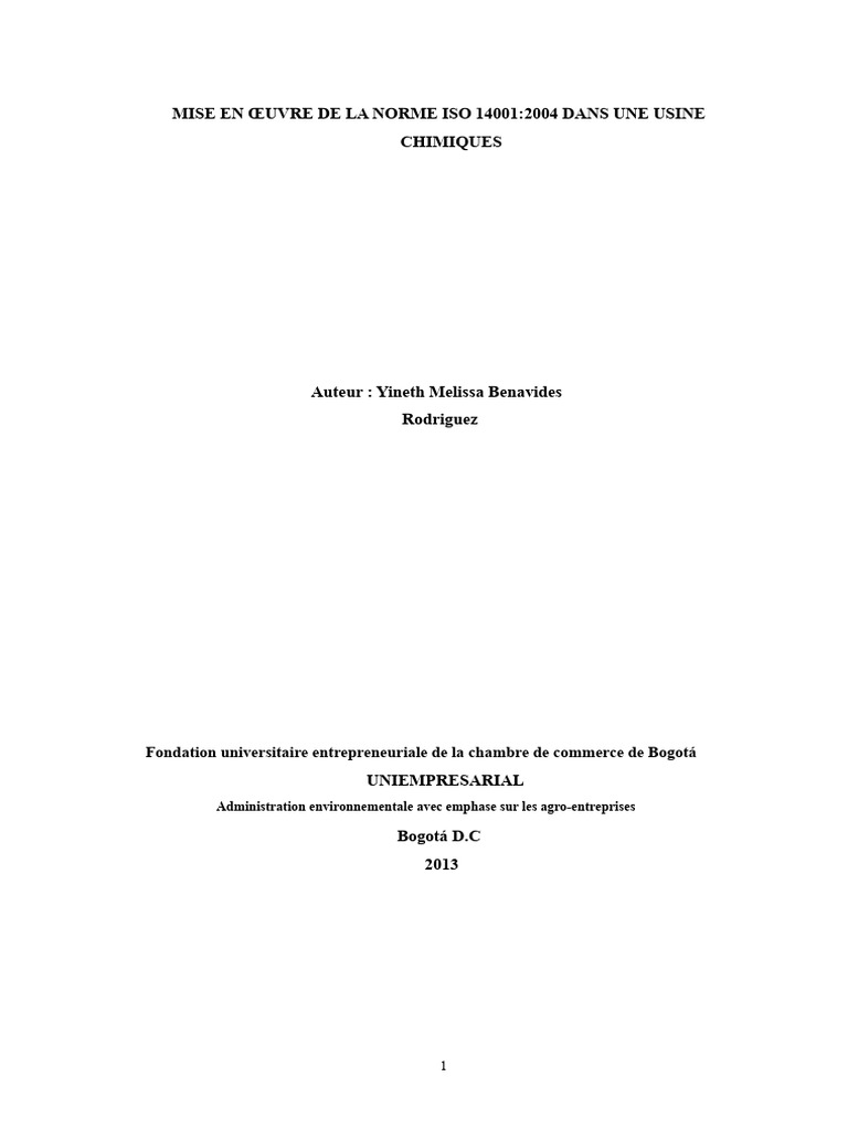Mise en Œuvre de La Norme Iso 14001 Dans Une Usine de Chimie | PDF ...