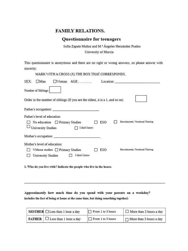Teenager Family Relations Questionnaire | PDF | Adolescence | Family