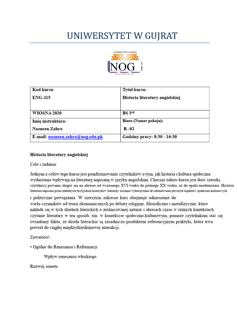 ENG-115 Historia Literatury Angielskiej BS II | PDF