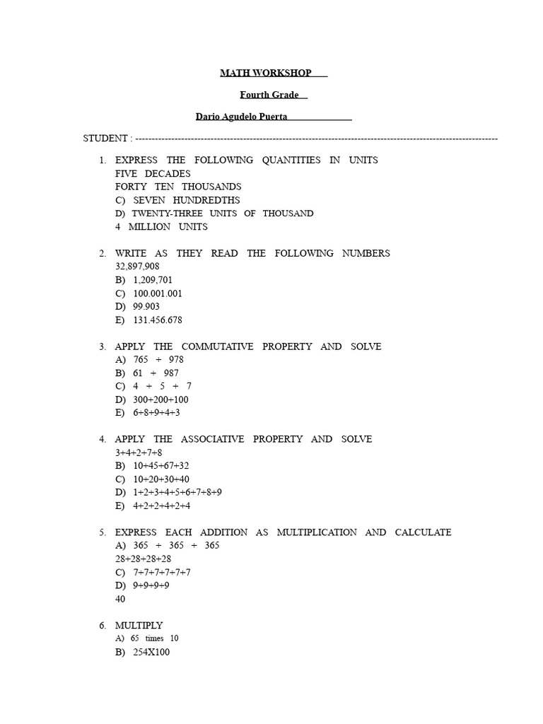 Fourth Grade Math Workshop Exercises | PDF