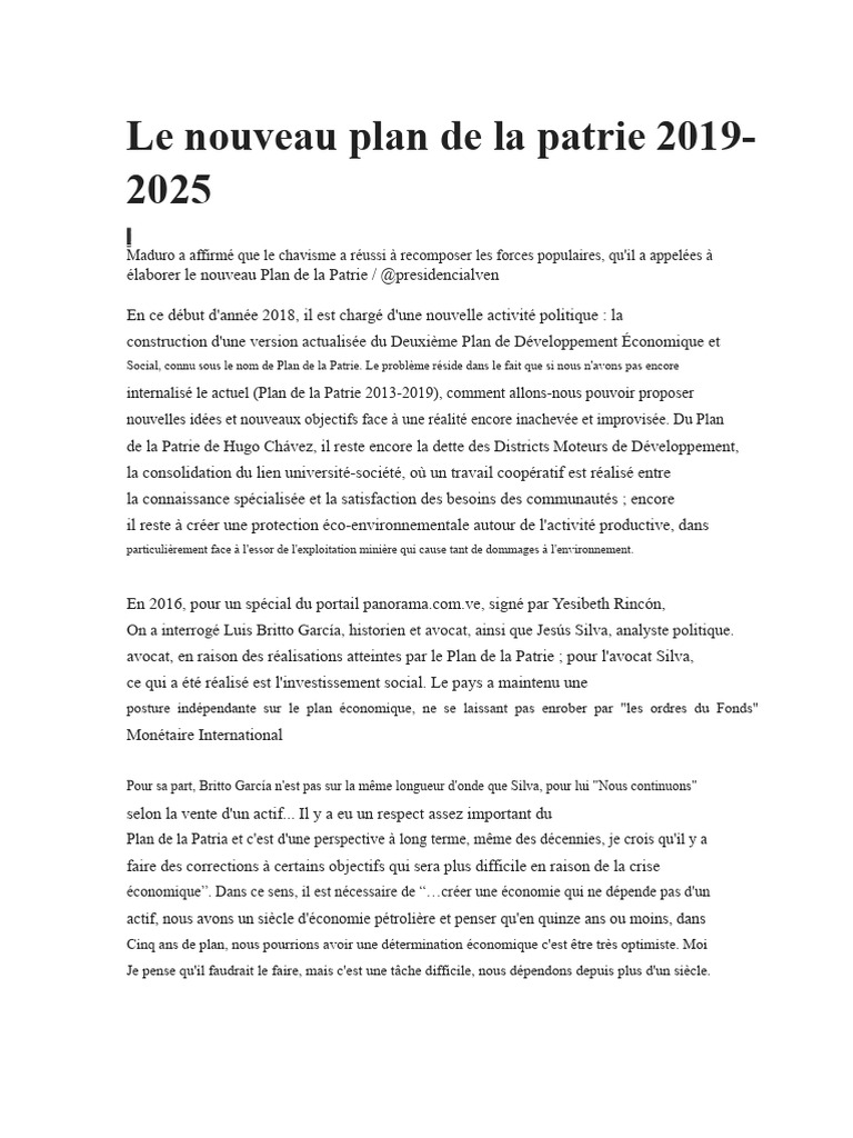 Nouveau Plan de la Patrie 2019-2025 | PDF | Socialisme | Économie