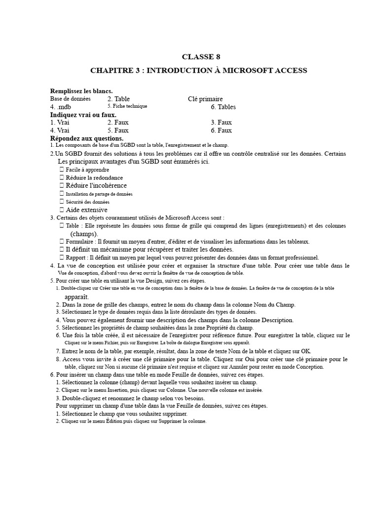 Introduction à Microsoft Access pour la Classe 8 | PDF | Microsoft ...
