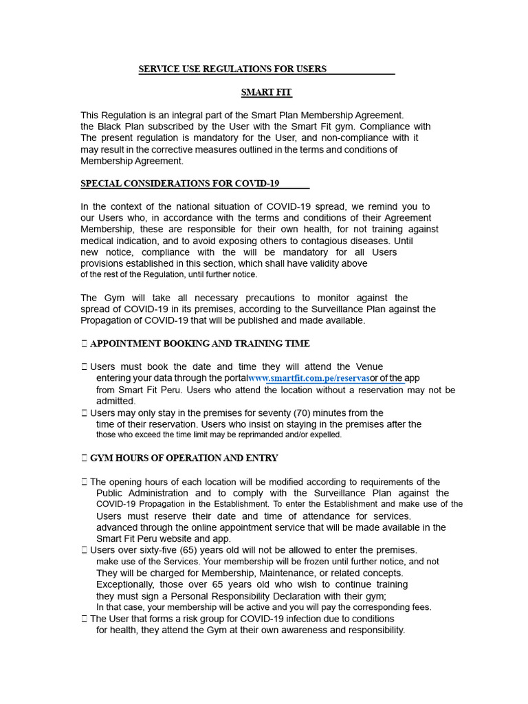 Service Use Regulations For Users Smart Fit: of The Rest of The ...