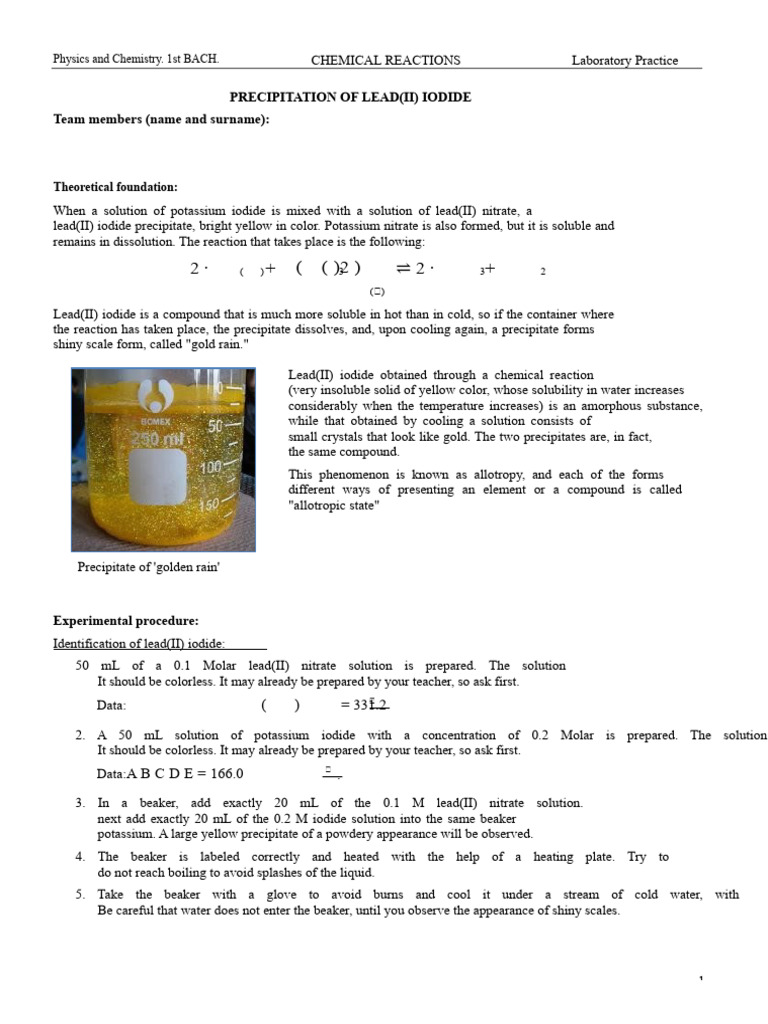 Lead(II) Iodide Precipitation Lab Guide | PDF | Precipitation ...