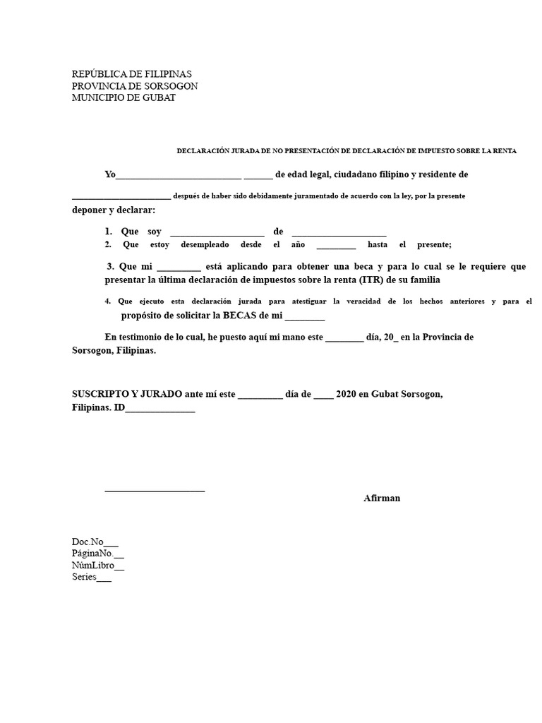 Declaración Jurada de No ITR en Filipinas | PDF