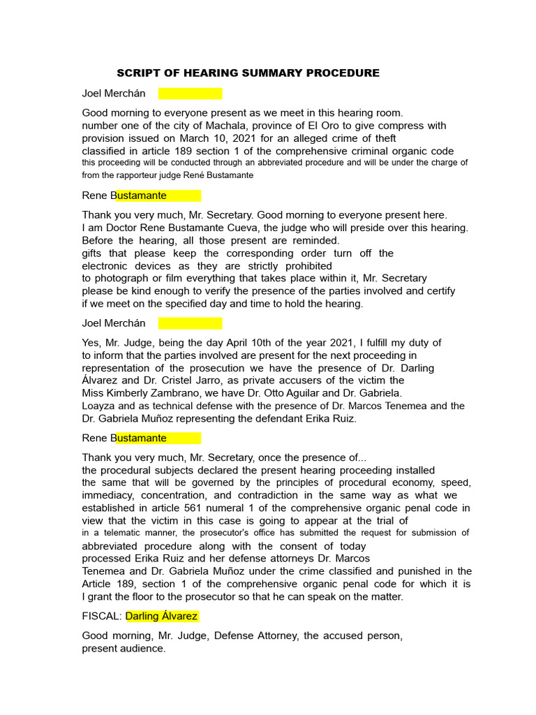 Procedure Hearing Script | PDF | Prosecutor | Crimes