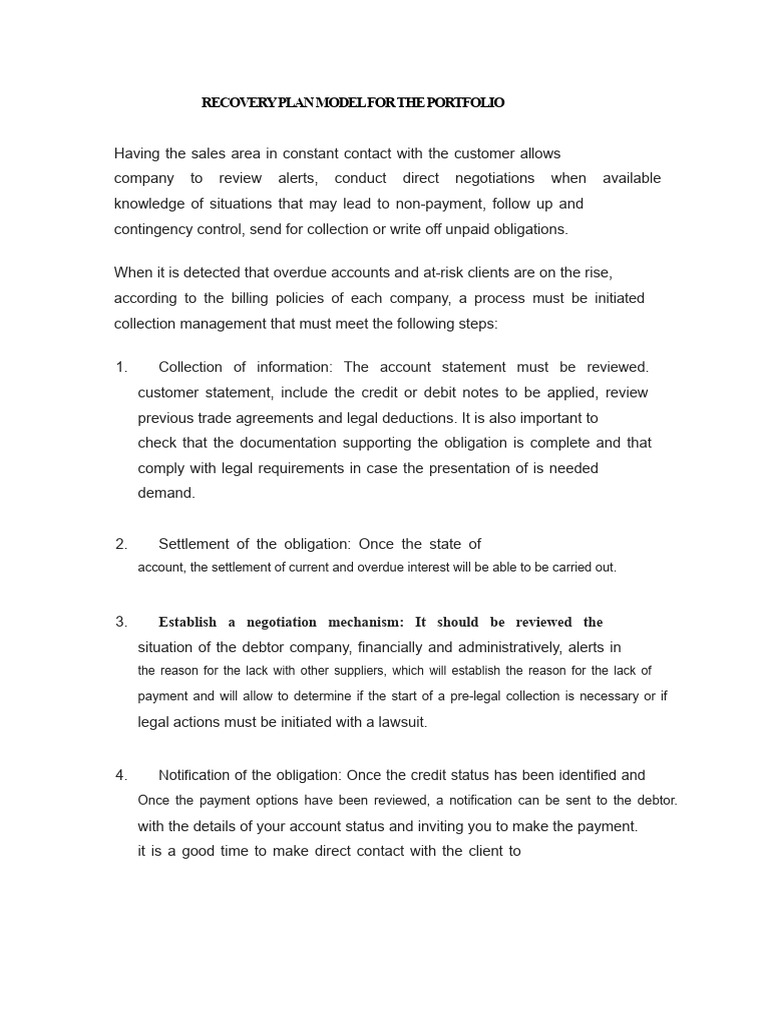 Recovery Plan Model For The Portfolio | PDF | Payments | Credit Card