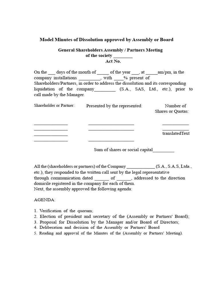 Model Minutes for Company Dissolution | PDF | Board Of Directors ...