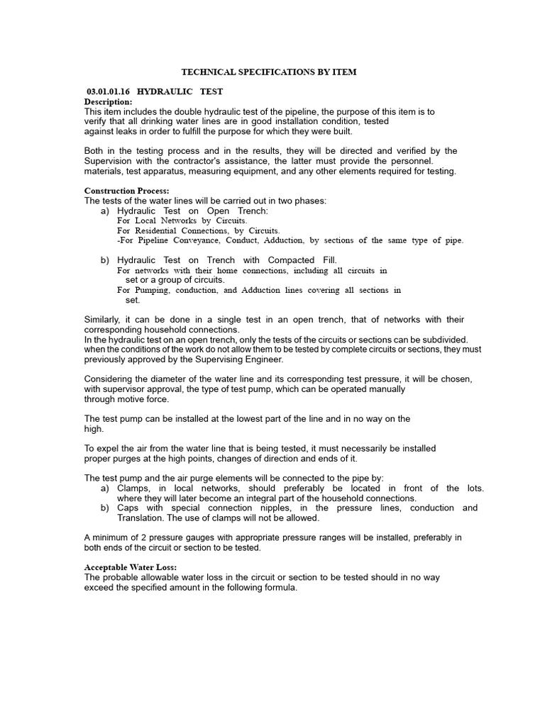 Hydraulic Testing Specifications for Pipelines | PDF | Chlorine | Water