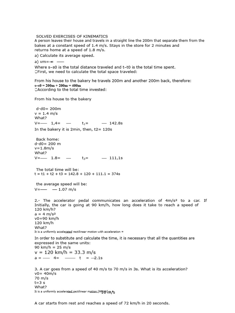 Kinematics Exercises and Solutions | PDF | Speed | Acceleration