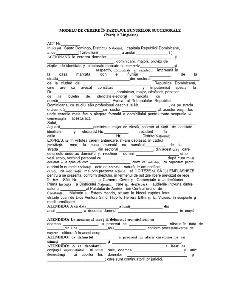 Cerere Pentru Partajul Bunurilor Succesorale. (Model) | PDF