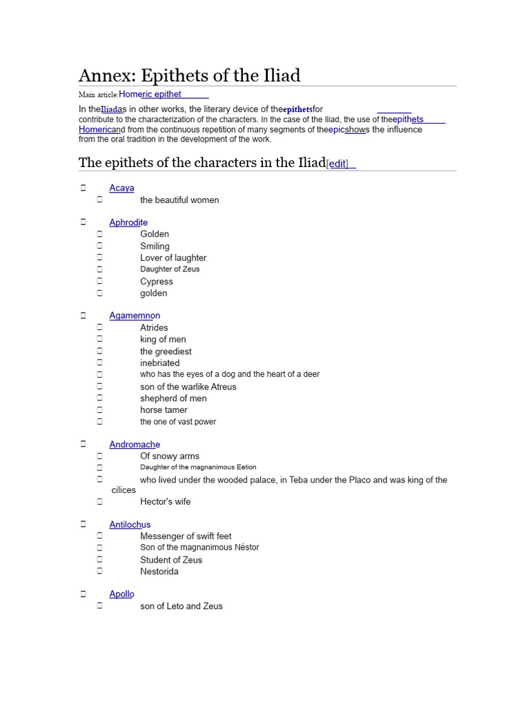 Epithets of Characters in the Iliad | PDF | Iliad | Hector