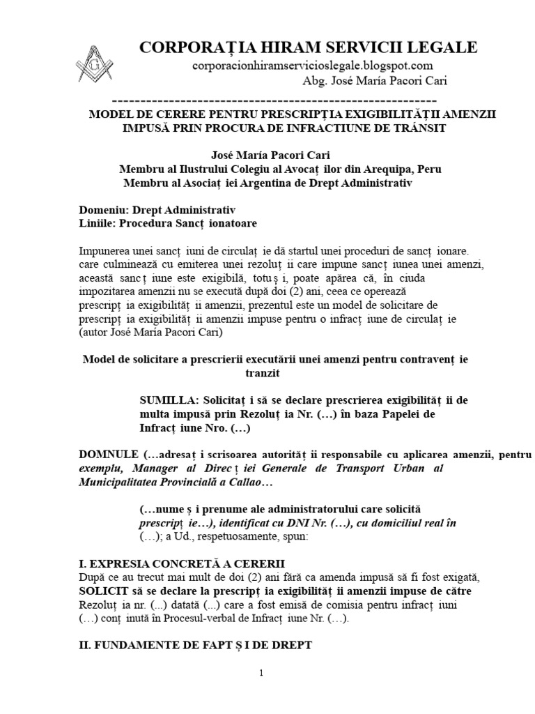 Model Cerere Pentru Prescripția Procura de Încălcare A Traficului ...