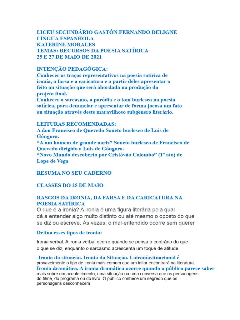 Recursos da Poesia Satírica em Aula | PDF | Ironia | Sátira