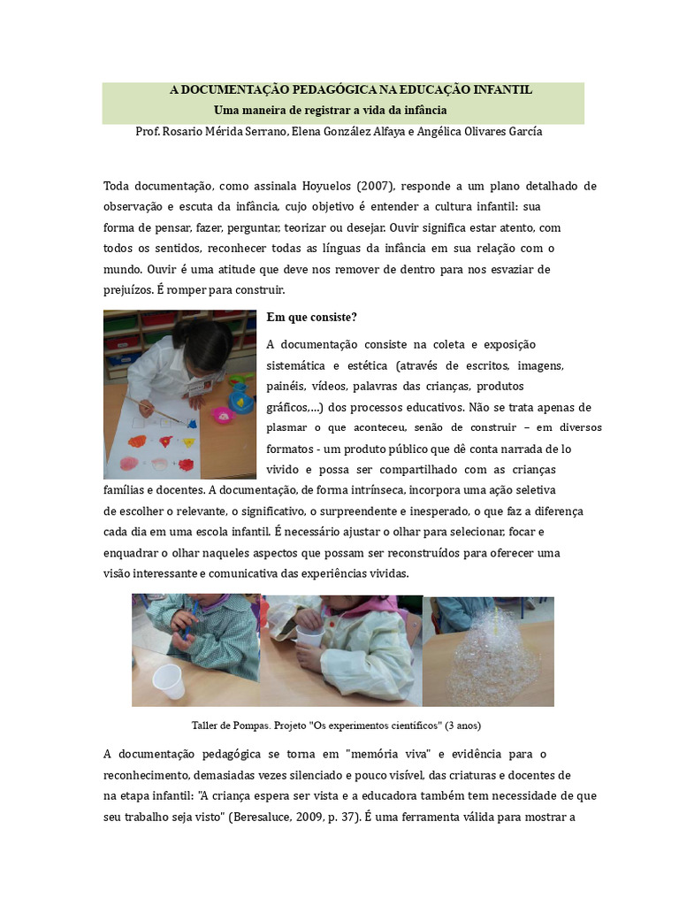 Documentação Pedagógica na Educação Infantil | PDF | Pedagogia ...