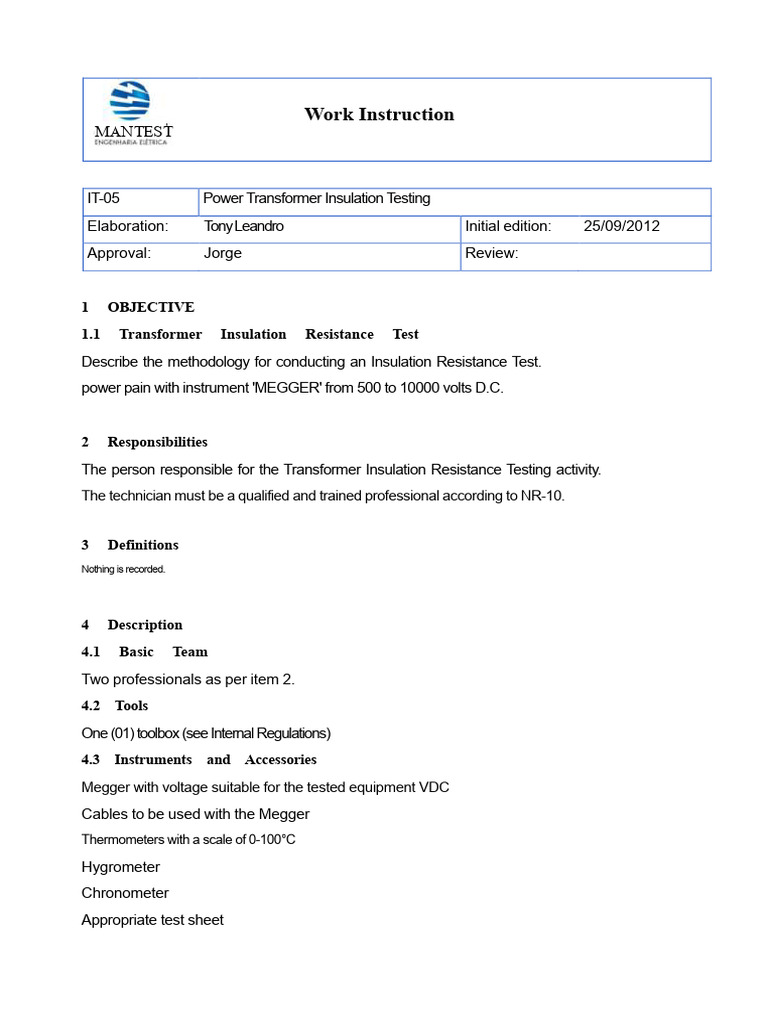 IT 05 - Power Transformer Insulation Resistance Test | PDF ...