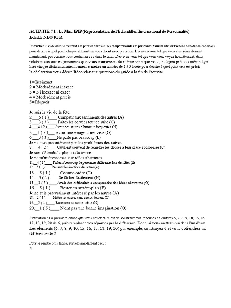 Évaluation de la personnalité Mini-IPIP | PDF | Introversion et ...
