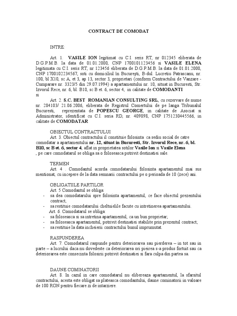 Contract de Comodat (MODEL) | PDF