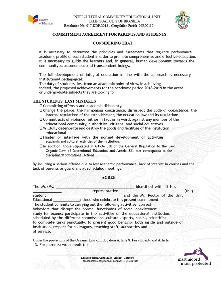 Commitment Agreement for Students and Parents | PDF | Teachers