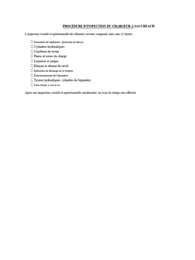 Inspection Chargeur à Sacs REACH | PDF