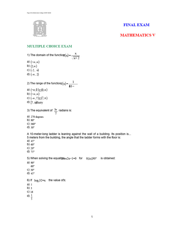 Mathematics V Final Exam Questions | PDF | Ellipse | Function (Mathematics)