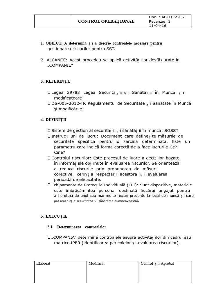 Model Procedură Control Operațional | PDF