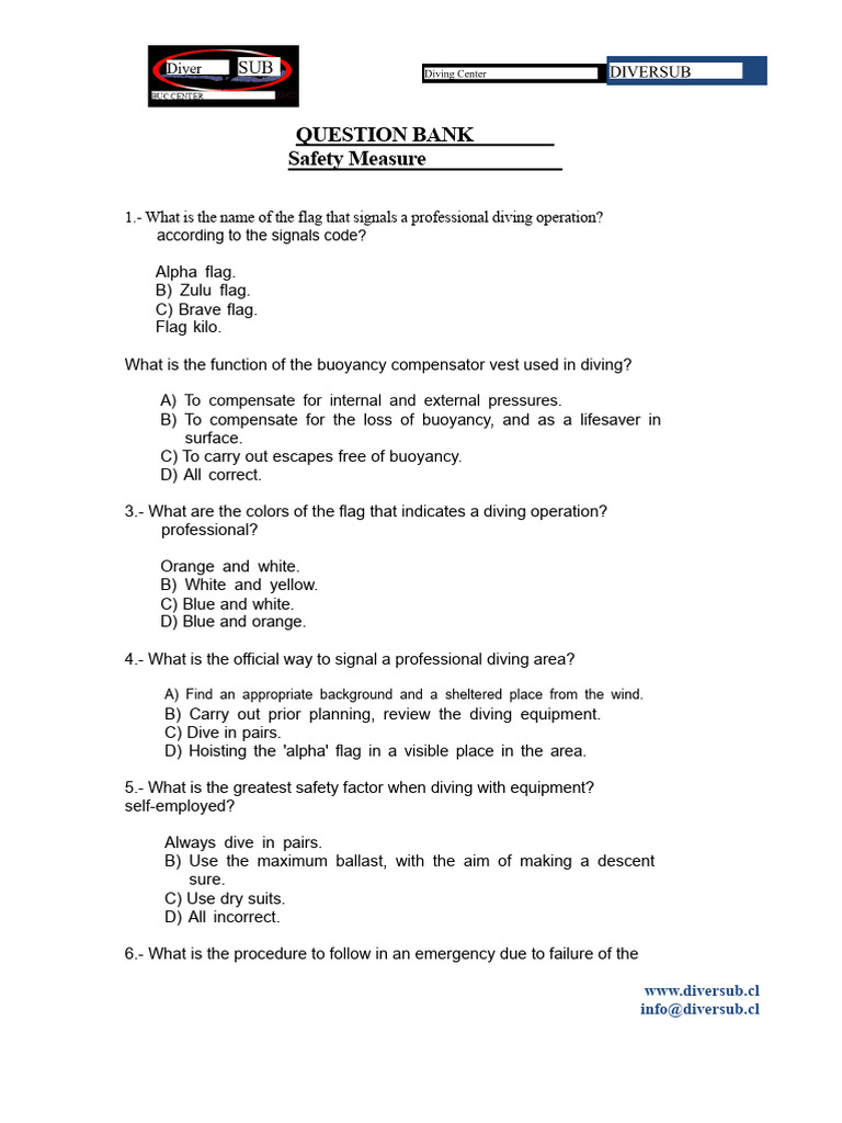 Diving Safety Measures Question Bank | PDF | Scuba Diving | Underwater ...