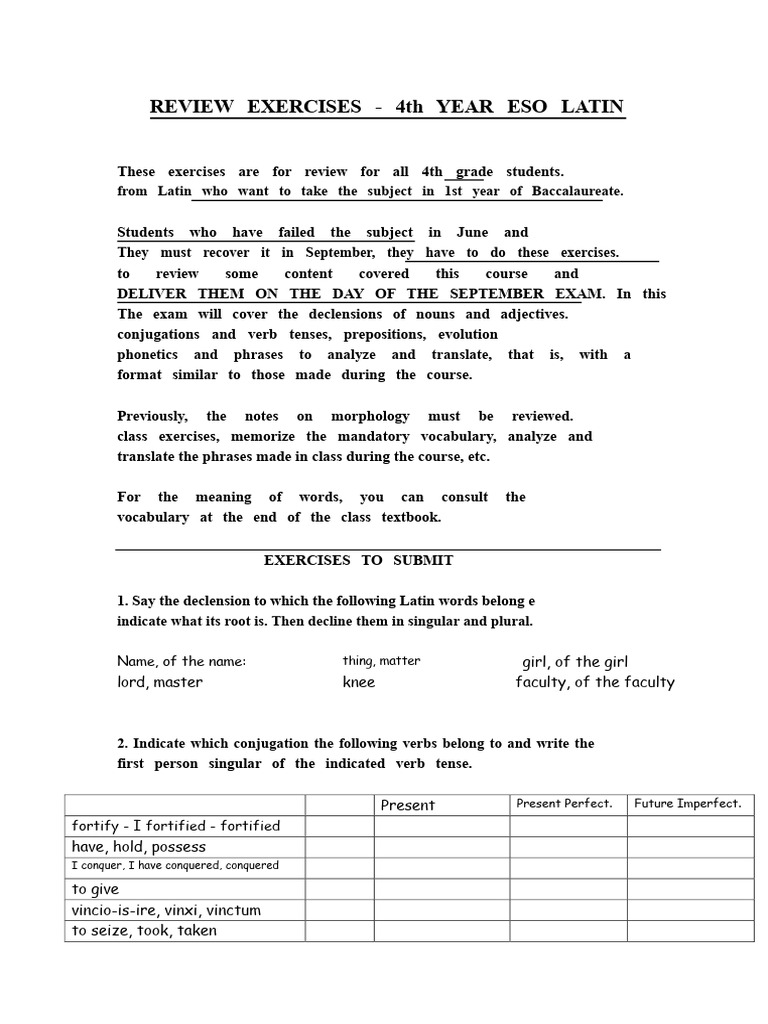 4th Year ESO Latin Review Exercises | PDF | Latin | Grammatical Conjugation