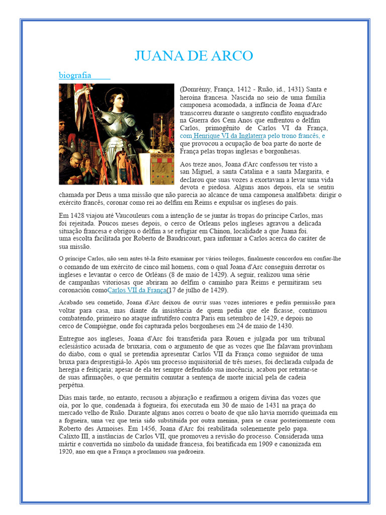 Biografia de Joana d'Arc: Heroína Francesa | PDF | Joana d'Arc