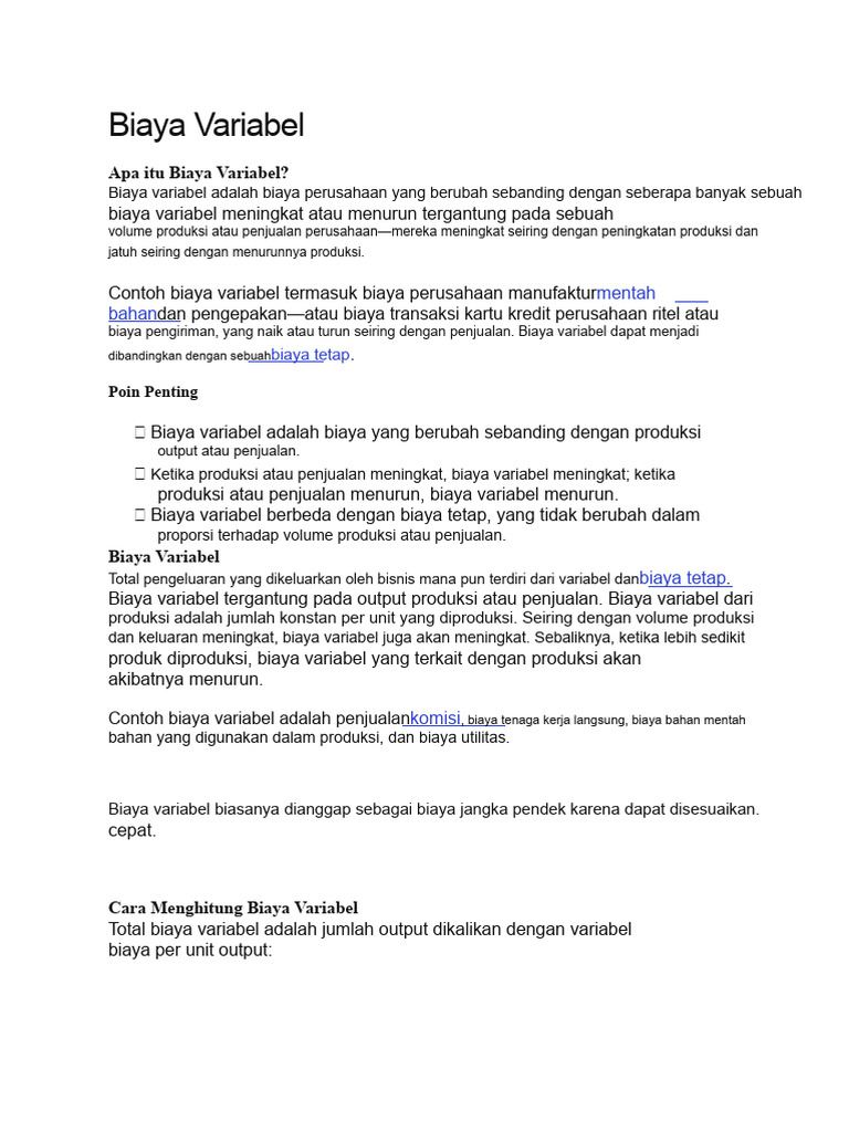 Pengertian dan Contoh Biaya Variabel | PDF