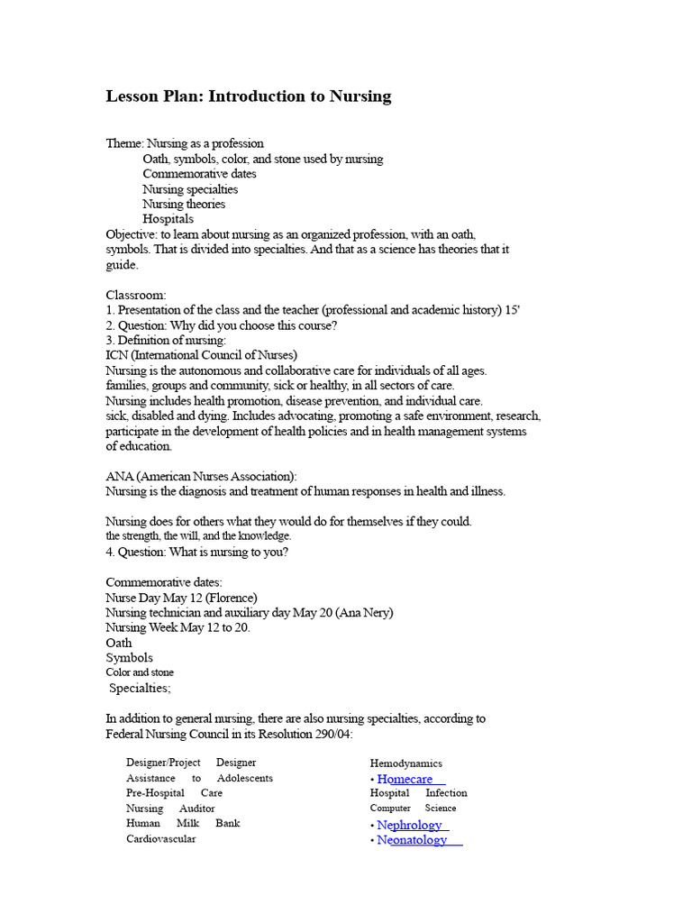 Introduction to Nursing Lesson Plan | PDF | Hospital | Surgery