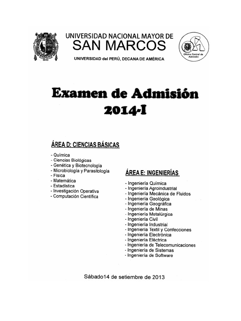 Examen Admisión UNMSM 2014-I Zona D y E | PDF