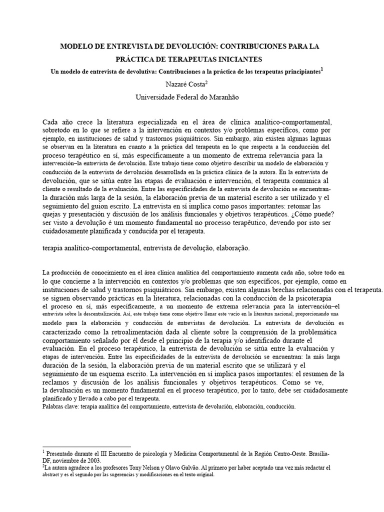 Texto Entrevista Devolutiva Pdf Psicoterapia Comportamiento