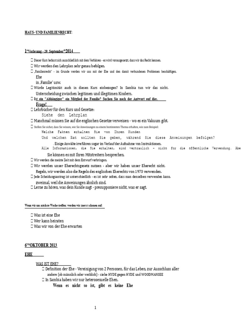 Familienrecht - ZIALE - Vorlesungsnotizen | PDF