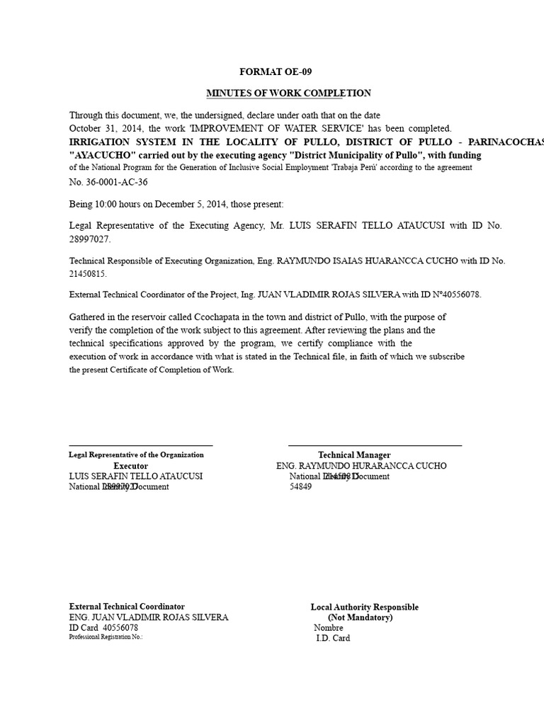 Format OE-09 (Certificate of Completion of Work) | PDF