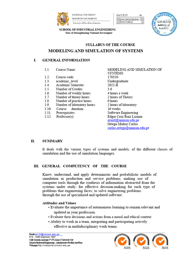 Syllabus Modeling and Simulation of Systems Plan 2013 (2022-Ii) | PDF ...