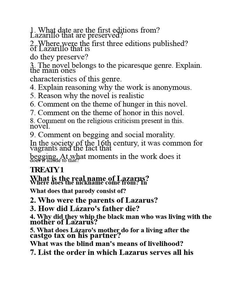 Questionnaire About Lazarillo de Tormes | PDF