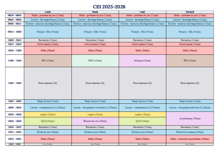 Emploi du temps CE1 2025-2026 | PDF