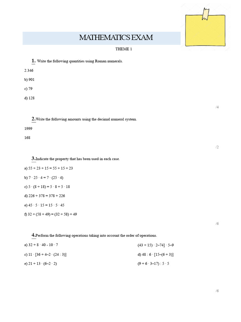 Mathematics Exam: Roman Numerals & Operations | PDF | Numbers ...