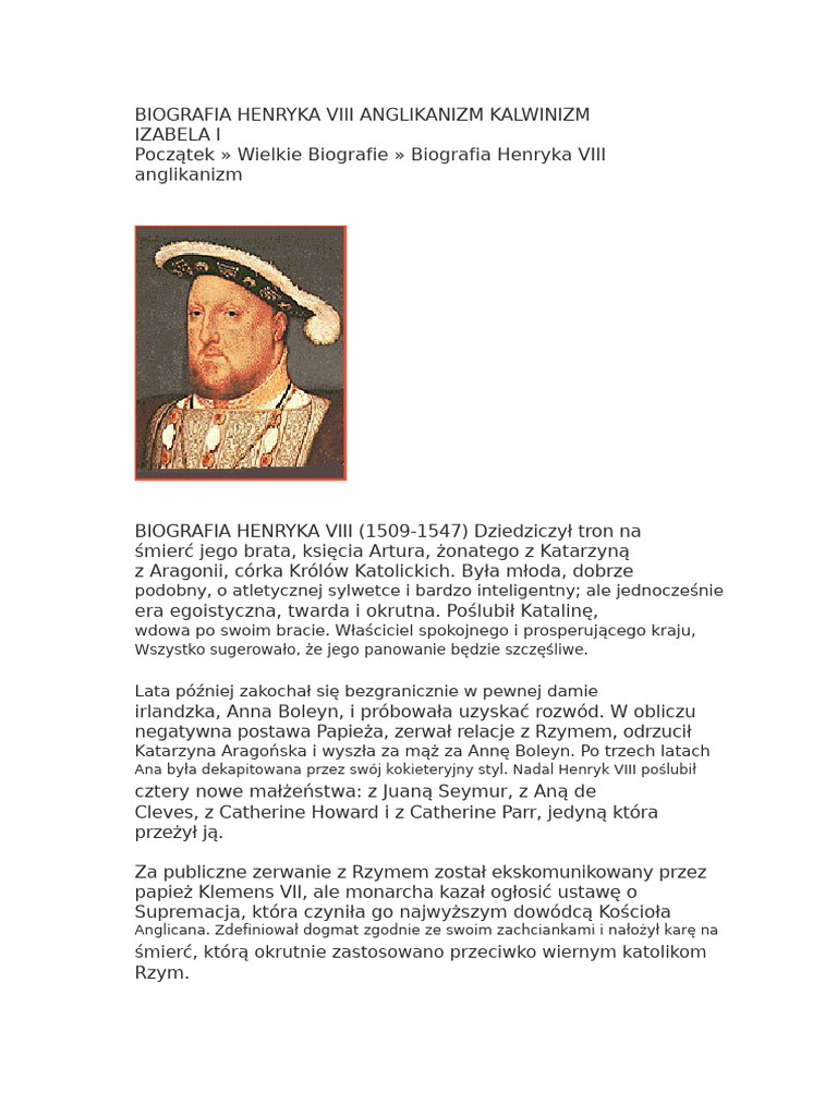 Biografia Henryka VIII, Anglikanizm, Kalwin, Elżbieta I | PDF