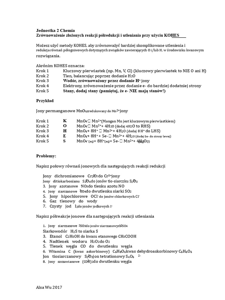 Arkusz Roboczy Redox Kohes Klasa 11 | PDF