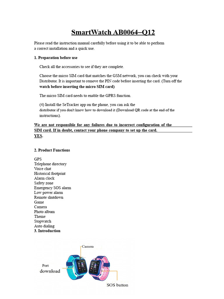 SmartWatch AB0064–Q12 User Manual | PDF | Telephone | Clock