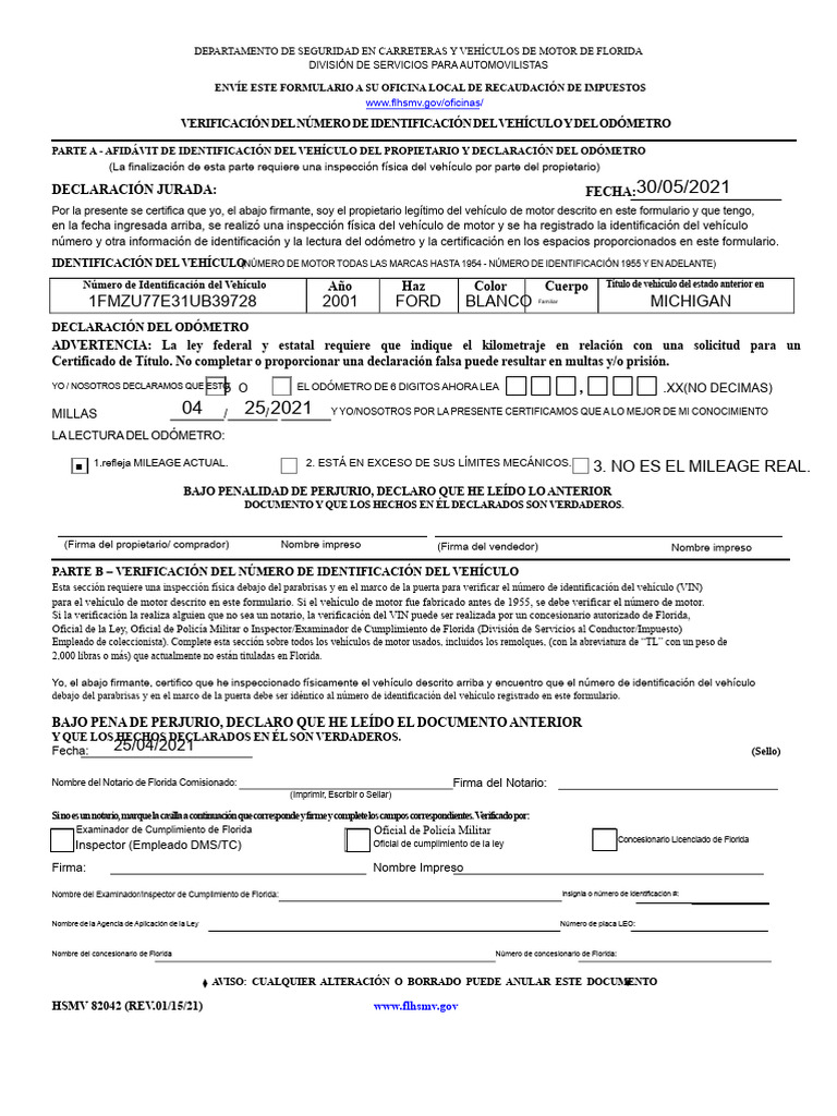 Verificación de VIN y Odómetro en Florida | PDF