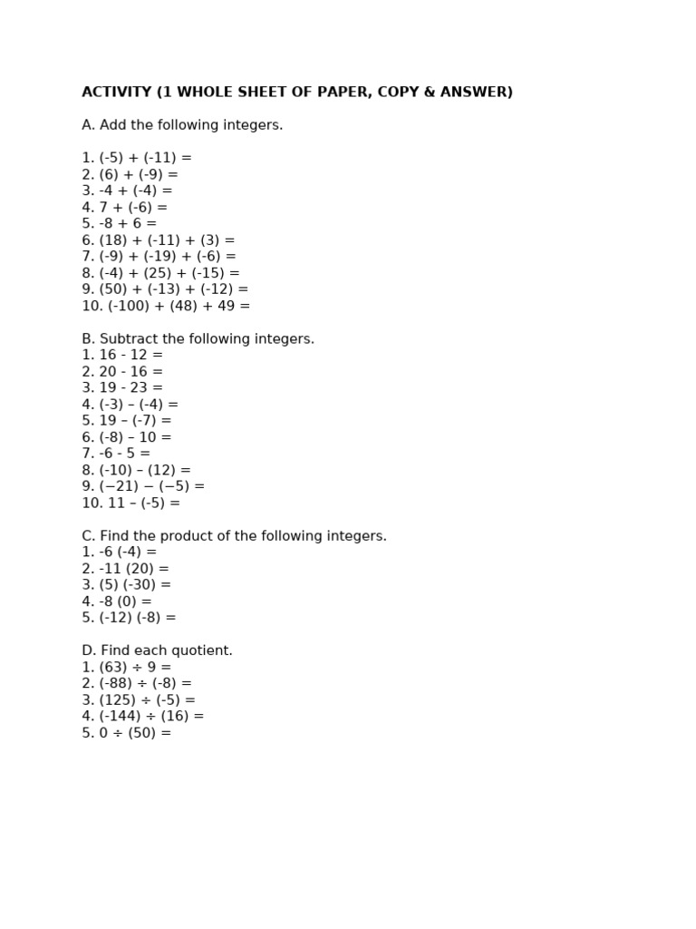 Integer Operations Practice Worksheet | PDF