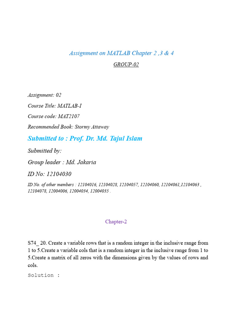 MATLAB Assignment Solutions for Chapters 2-4 | PDF | Matrix ...
