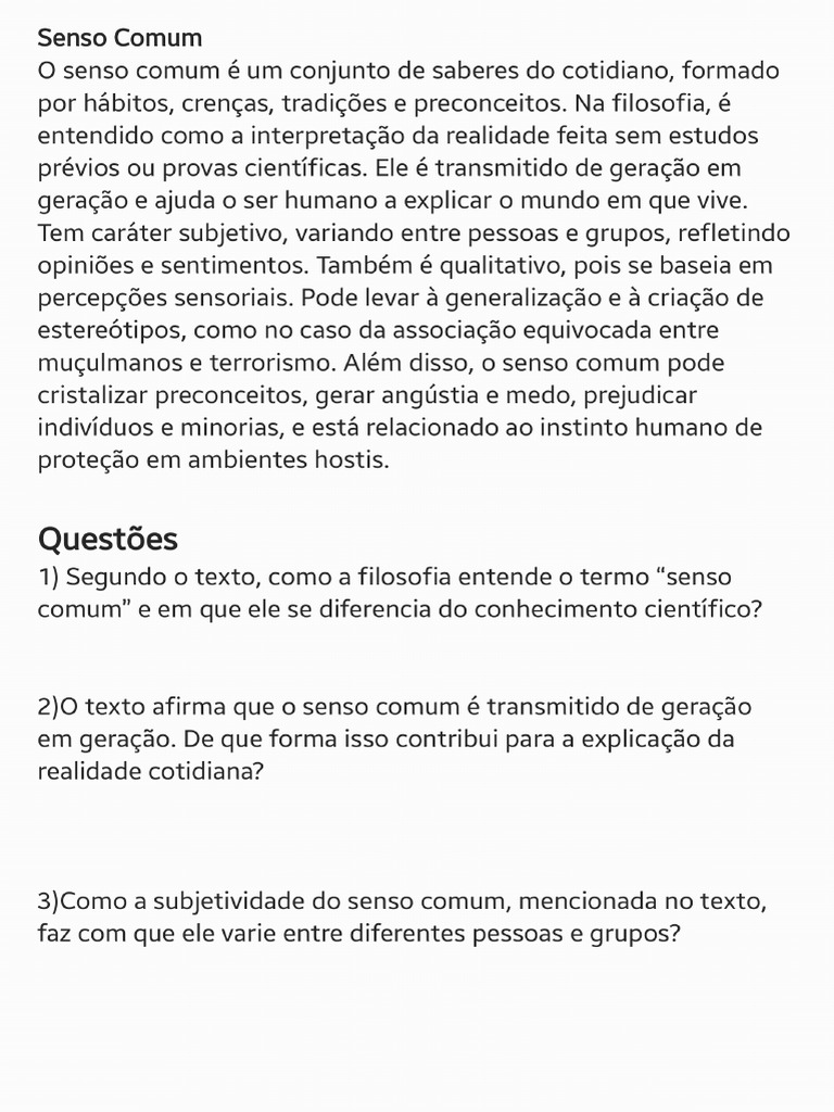 Senso Comum - Filosofia PROF SARA | PDF
