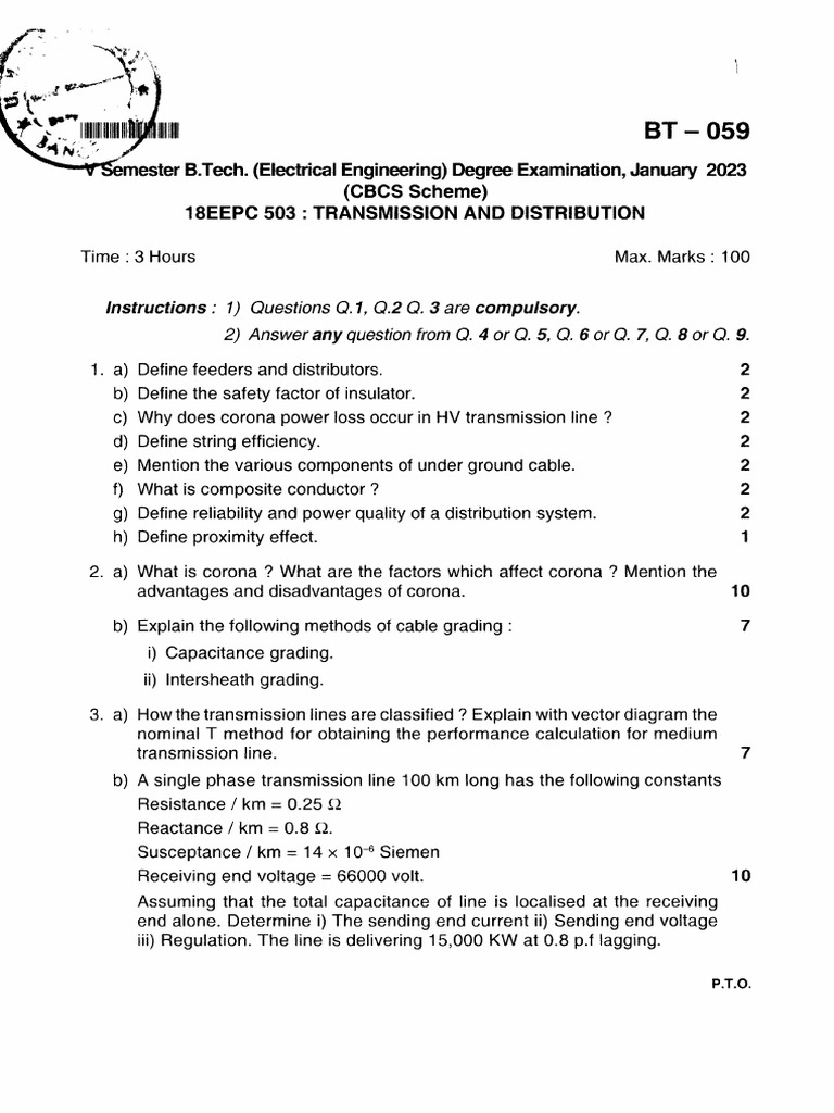 Transmission and Distribution Exam Paper | PDF | Electric Power ...