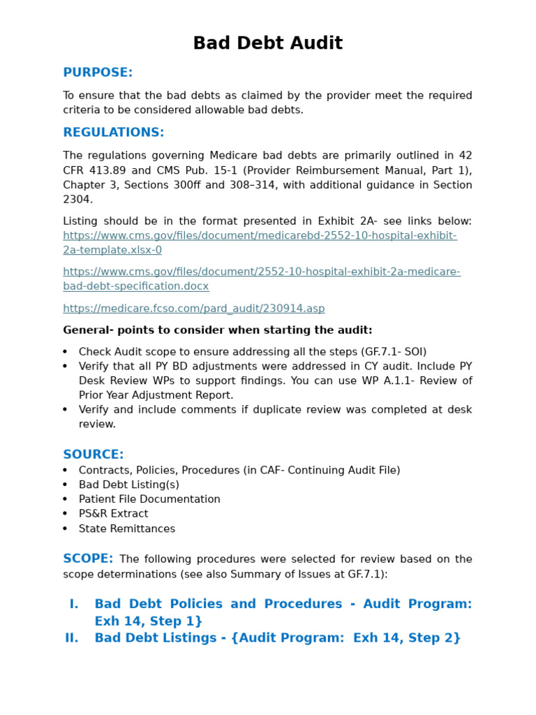 Medicare Bad Debt Audit Guidelines | PDF | Medicare (United States) | Audit